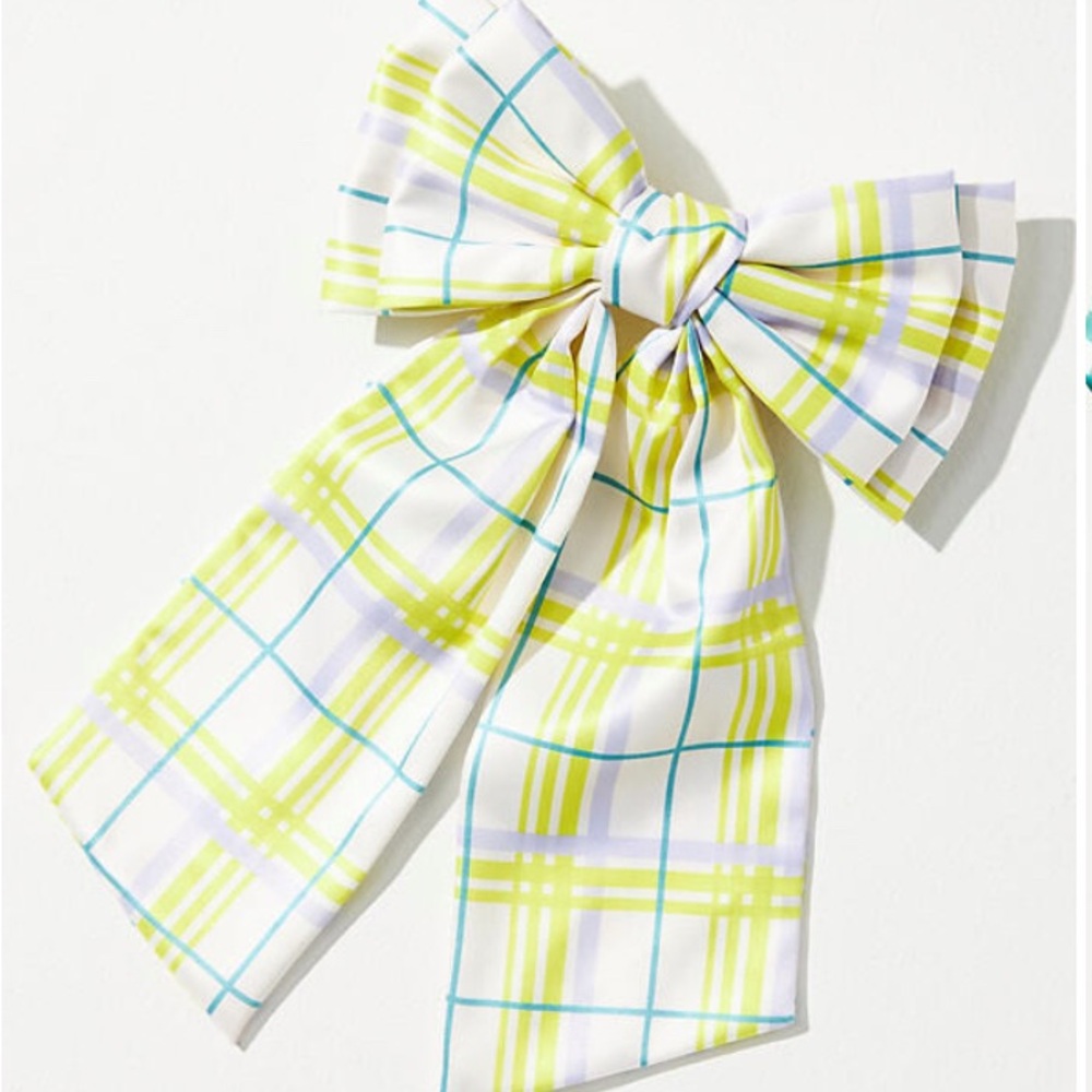 Anthropologie Plaid Patterned Hair Clip Bow NeonYellow Teal & Lavender On White